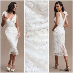 Mac Duggal 79337 Womens White FLORAL EMBELLISHED V-NECK MIDI DRESS SHOULDER BOW